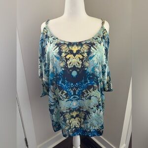 Lane Bryant Plus 22/24 Chain-Strap Cold Shoulder Blouse — Blue/Teal Abstract